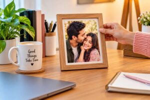 Framed couple photo on a desk as a boyfriend birthday gift