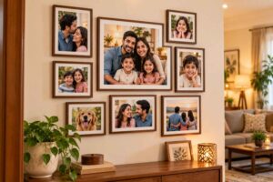 Family photo collage on a wall as a husband birthday gift
