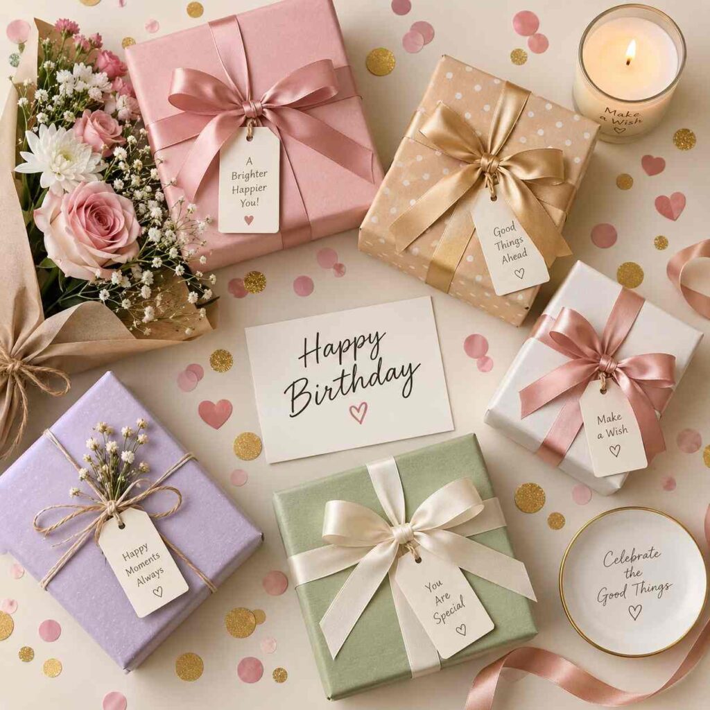 Birthday gift ideas – wrapped gift boxes with ribbons and confetti