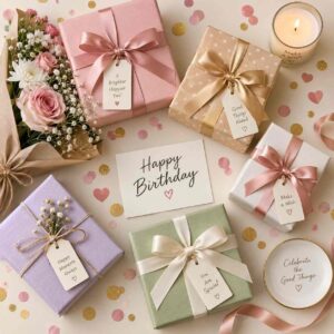 Birthday gift ideas – wrapped gift boxes with ribbons and confetti