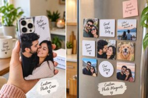 Comparison of custom photo gift for boyfriend formats, phone case versus photo magnets