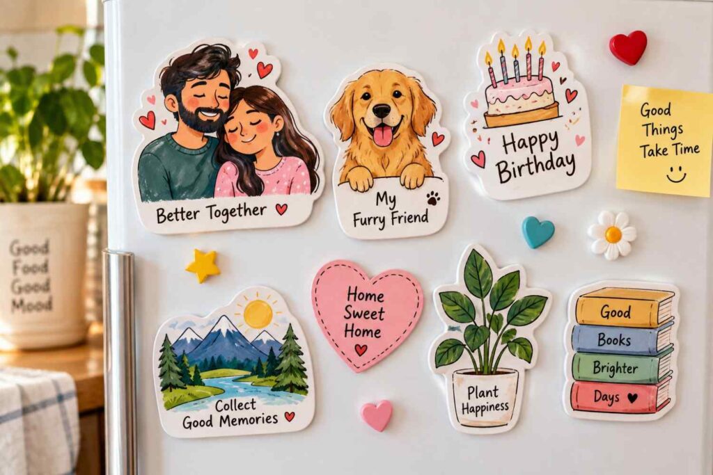 doodled custom photo magnets displayed on a fridge