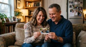 Parents smiling while receiving a personalized photo magnet gift