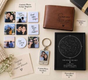 Collection of unique birthday gifts for boyfriend including photo magnets and engraved items