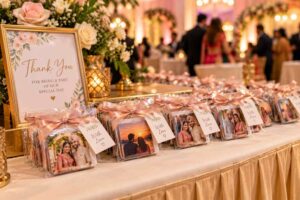 Photo magnets arranged as wedding return gifts