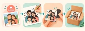 Four steps to order a custom doodle magnet: upload, design, craft, deliver