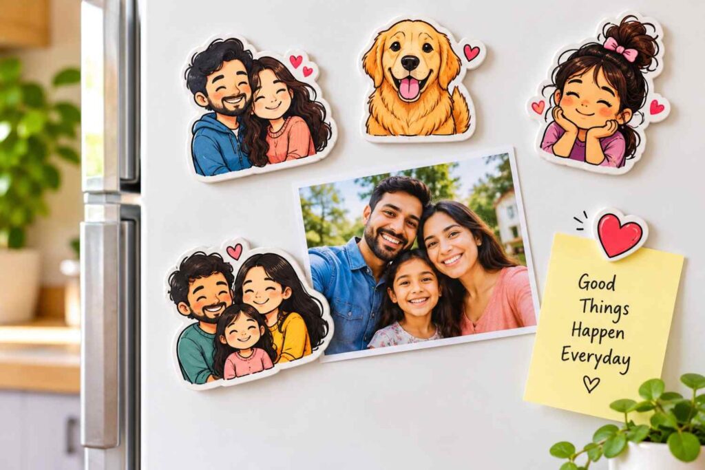 Colorful custom doodle magnets for gifts on a fridge holding a photo and note
