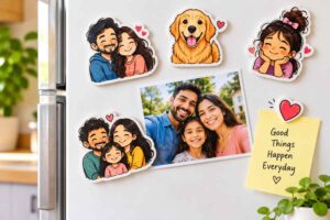 Colorful custom doodle magnets for gifts on a fridge holding a photo and note