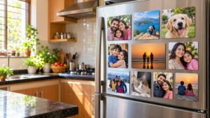 Fridge decorated with custom photo magnets in an Indian home