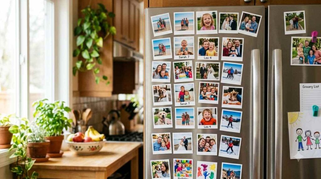 Fridge door decorated with custom photo magnets online