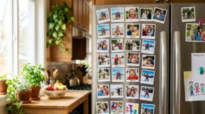 Fridge door decorated with custom photo magnets online