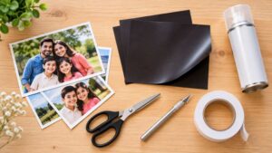 Supplies for making DIY photo magnets laid out on a table