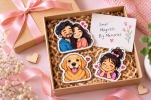 Gift box with three custom doodle magnets and a card