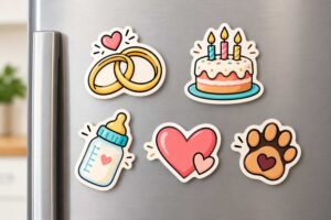 Doodle magnets for a wedding, birthday, baby shower, anniversary and pet on a fridge
