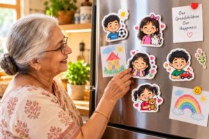Fridge with doodle magnets of grandchildren's drawings