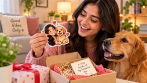 Person smiling at a personalised doodle magnet gift