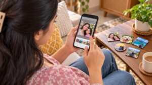 Woman ordering custom photo magnets online using a smartphone