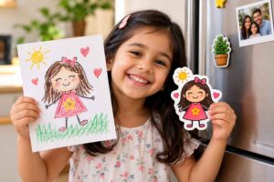 Child holding a drawing beside the doodle magnet made from it