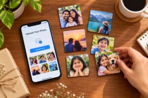 Phone showing photo upload for ordering photo magnets