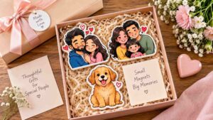 Gift box with three personalised doodle magnets and a note