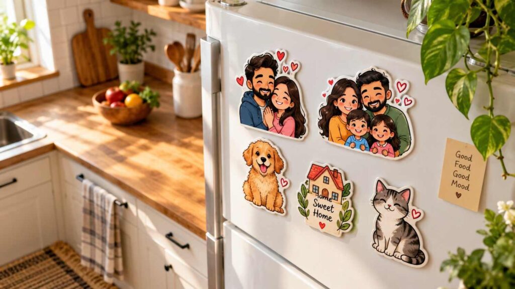 Fridge decorated with custom doodle magnets as personalized gifts