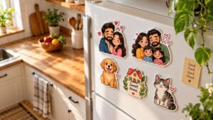 Fridge decorated with custom doodle magnets as personalized gifts