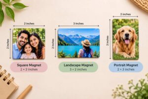 Square, landscape, and portrait photo magnet sizes