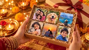 Gift box of personalized photo magnets for an Indian festival