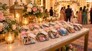 Custom photo magnets arranged as wedding return gifts