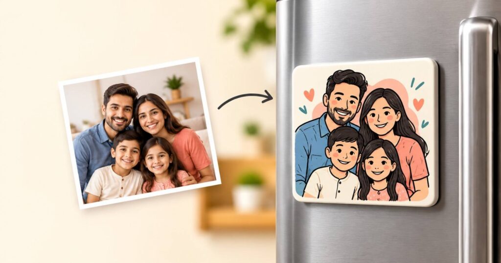 Turn photos into magnets with a family photo transformed into a custom doodle-style fridge magnet.