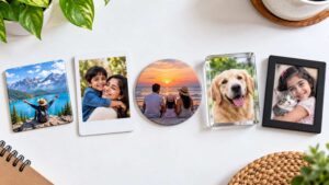 Square, round, Polaroid-style, acrylic, and frame photo magnets side by side