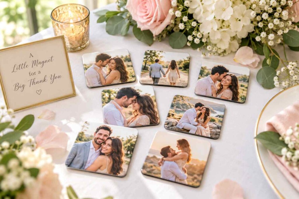 Custom photo magnets with couple engagement photos, one of many wedding favor ideas
