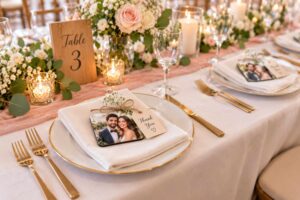 Wedding reception table with a magnet favor at each place setting